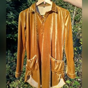 Velvet Long Sleeve Top Pockets Velour Womens Small Tunic Oversized Gold Mustard